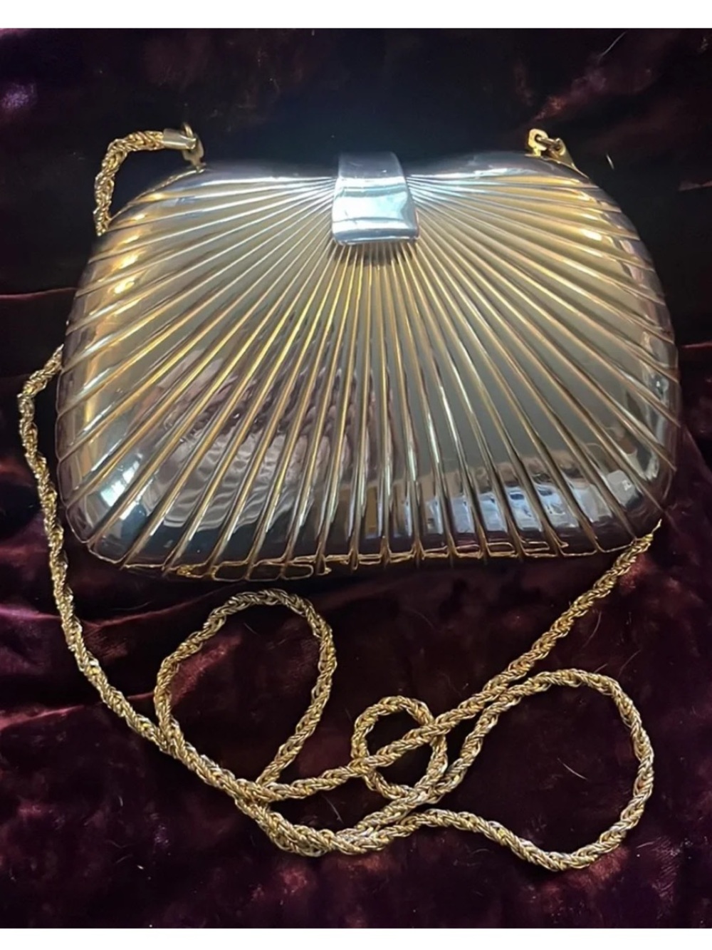 Saks Fifth Ave gold tone gilt metal clamshell vintage evening bag